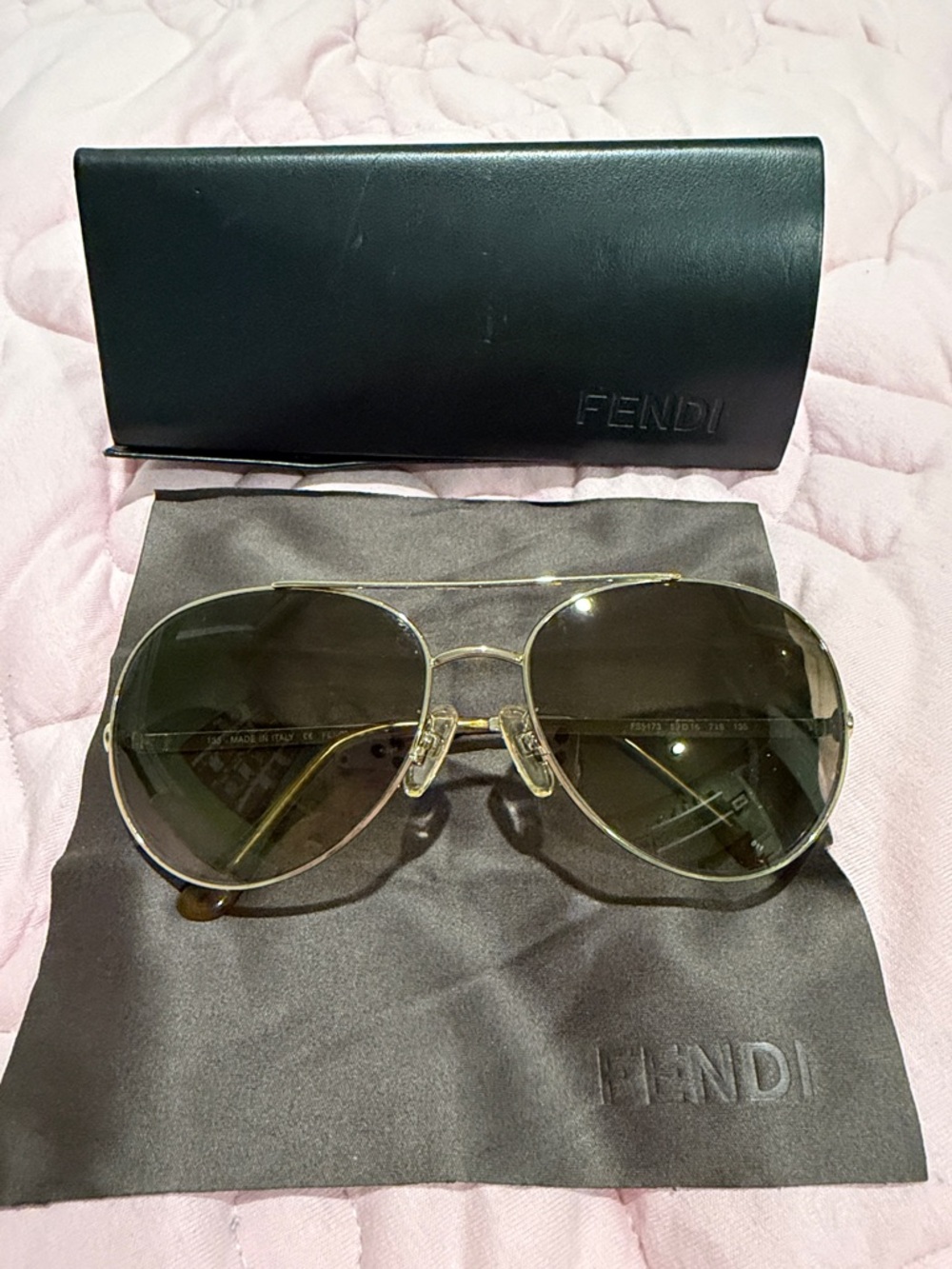 Fendi Gold Metal Aviator Sunglasses with Dark Green Lenses